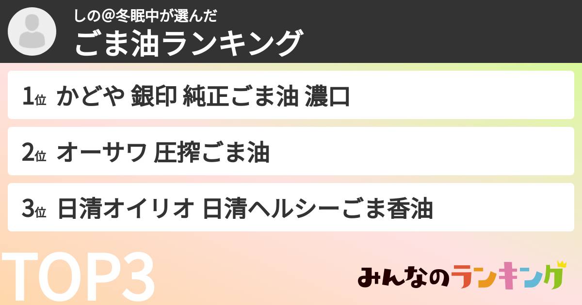 しの＠冬眠中さんの「ごま油ランキング」