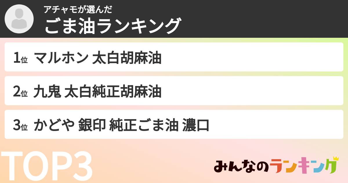 アチャモさんの「ごま油ランキング」