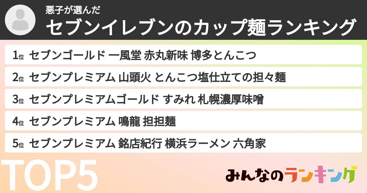 悪子さんの「セブンイレブンのカップ麺ランキング」