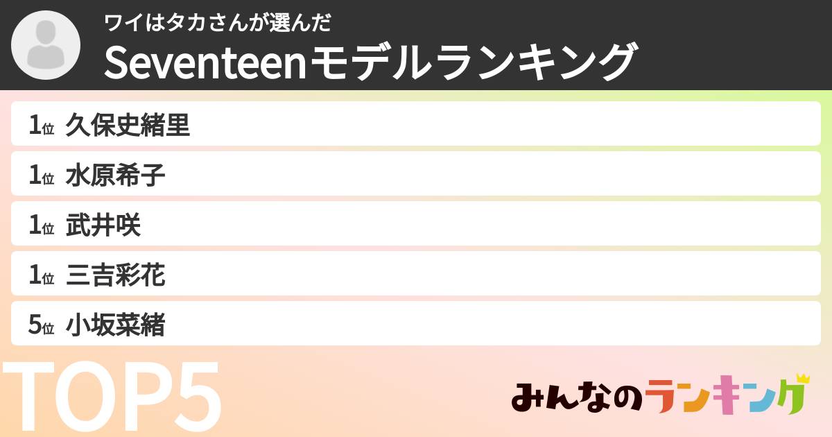 ワイはタカさんさんの「Seventeenモデルランキング」