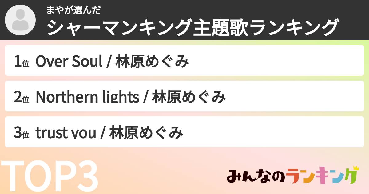 まやさんの「シャーマンキング主題歌ランキング」