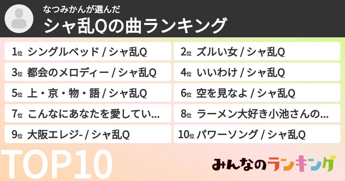 なつみかんさんの「シャ乱Qの曲ランキング」