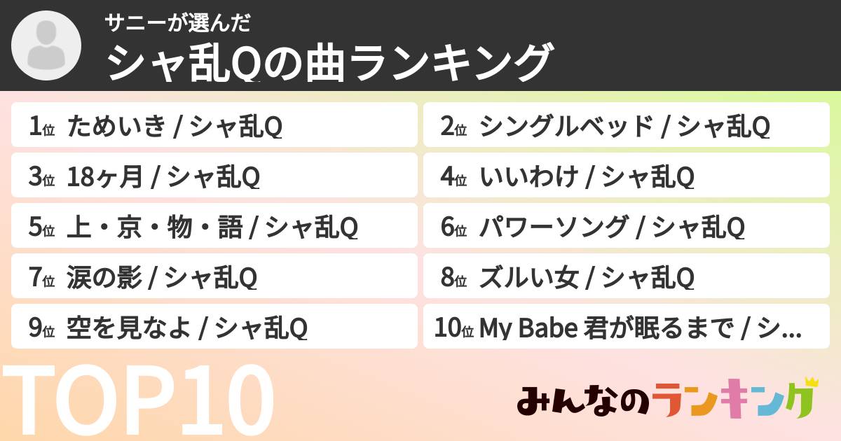 サニーさんの「シャ乱Qの曲ランキング」