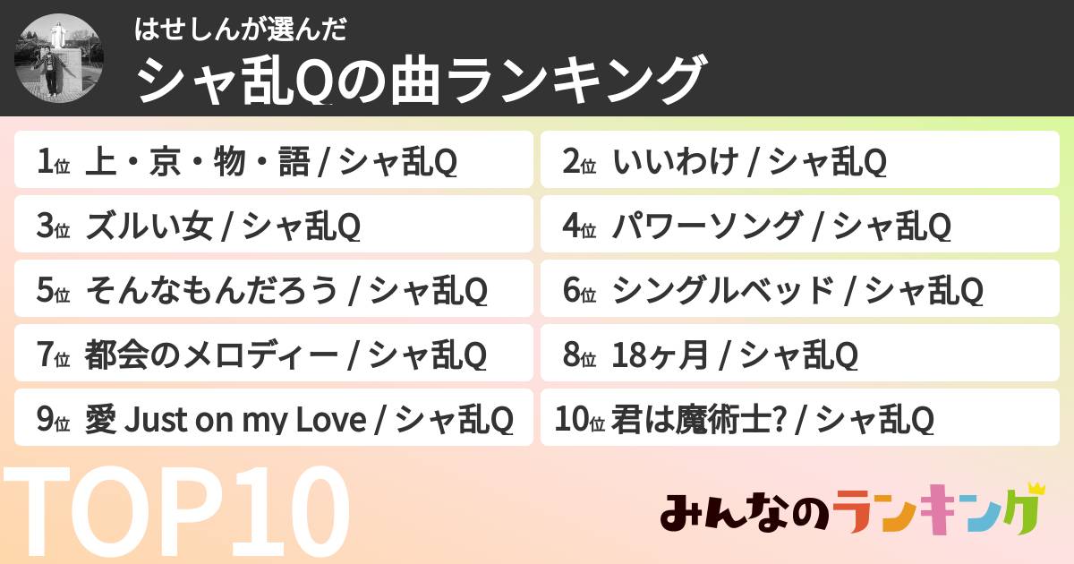 はせしんさんの「シャ乱Qの曲ランキング」