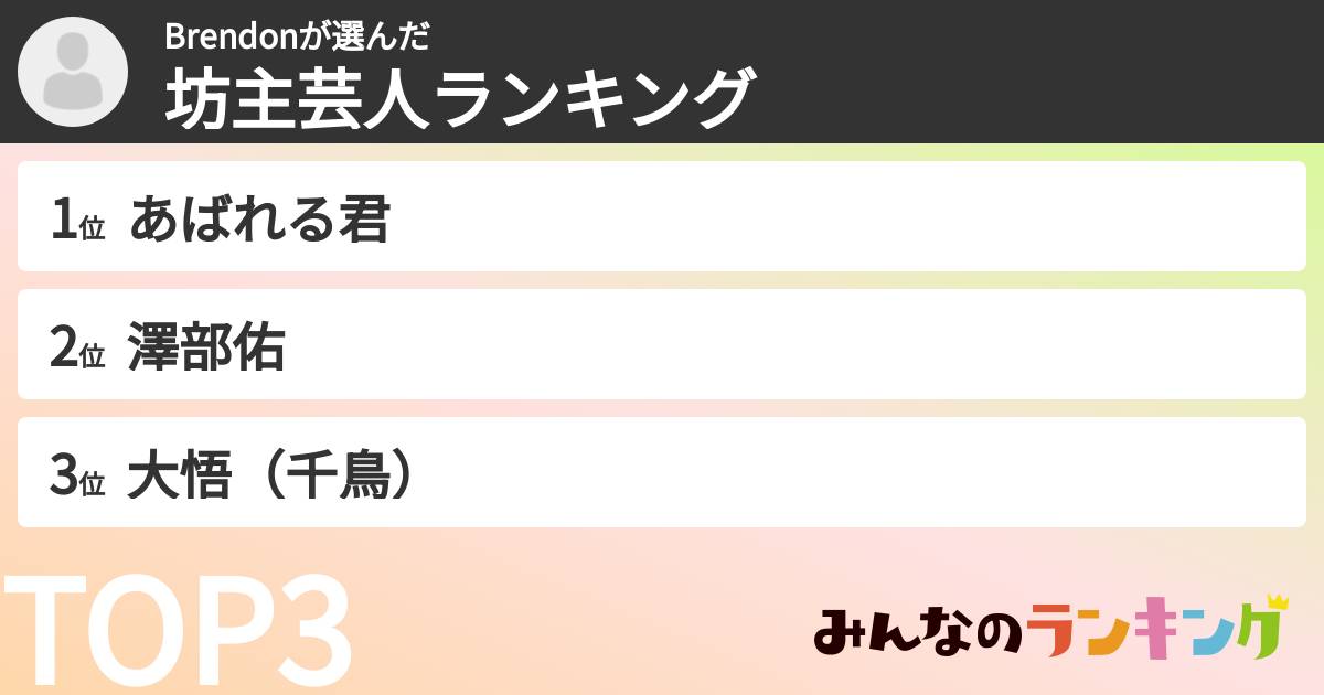 Brendonさんの「坊主芸人ランキング」