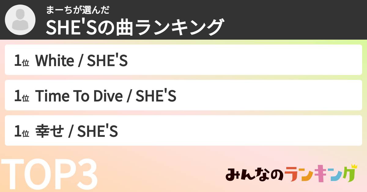 まーちさんの「SHE'Sの曲ランキング」