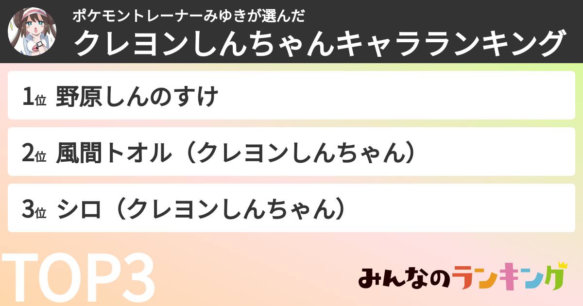 ポケモントレーナーみゆきさんの「クレヨンしんちゃんキャラランキング」