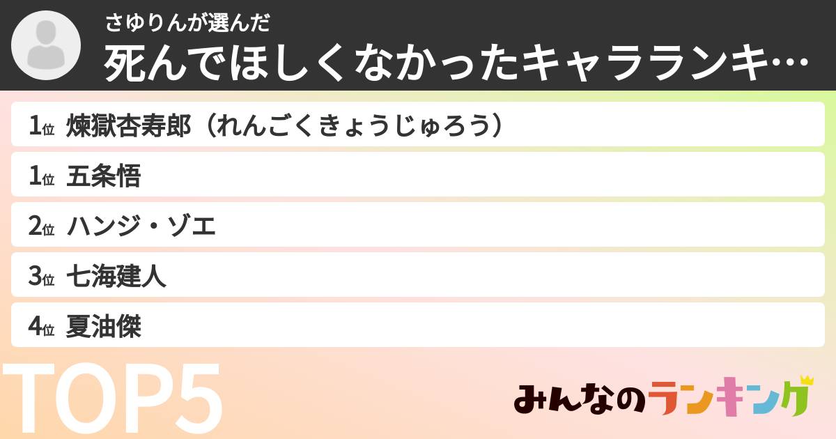 さゆりんさんの「死んでほしくなかったキャラランキング」