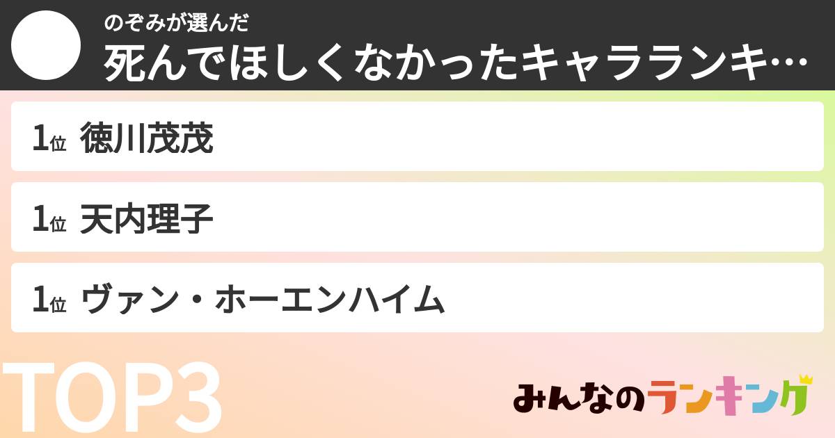 のぞみさんの「死んでほしくなかったキャラランキング」