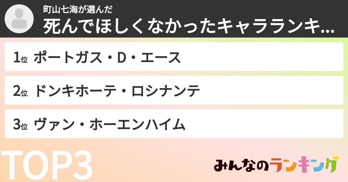 町山七海さんの「死んでほしくなかったキャラランキング」
