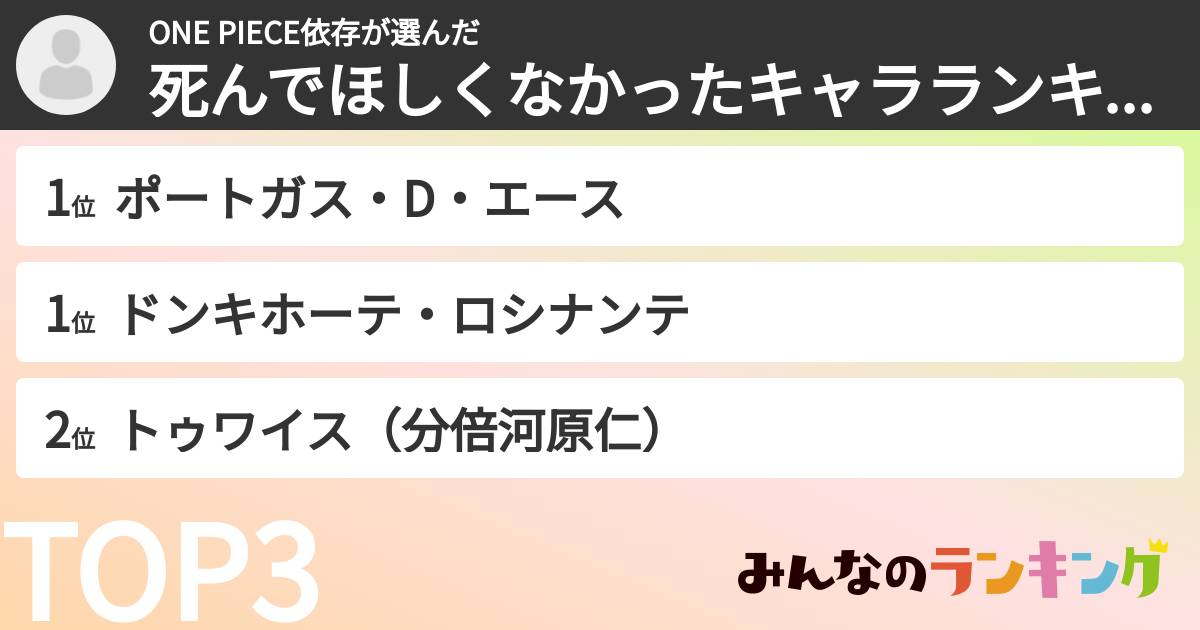 ONE PIECE依存さんの「死んでほしくなかったキャラランキング」