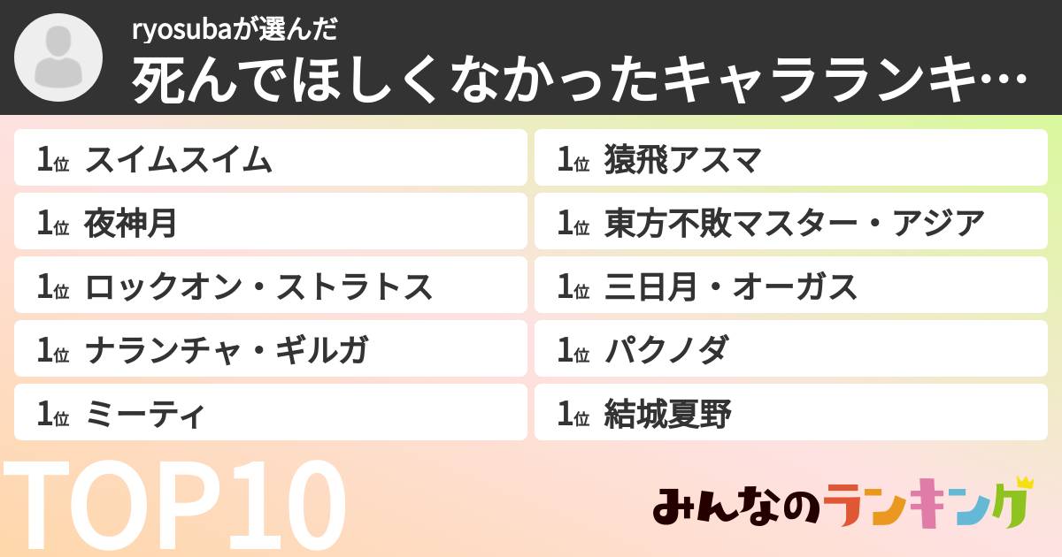 ryosubaさんの「死んでほしくなかったキャラランキング」