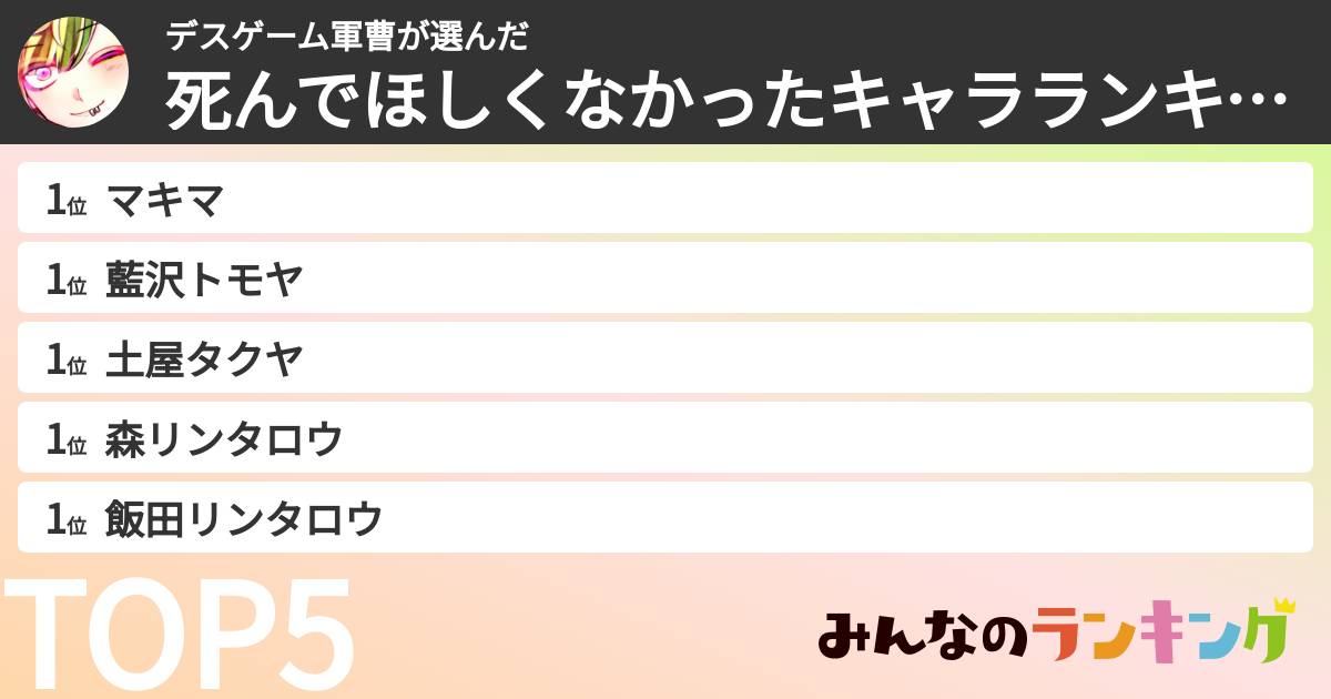 デスゲーム軍曹さんの「死んでほしくなかったキャラランキング」