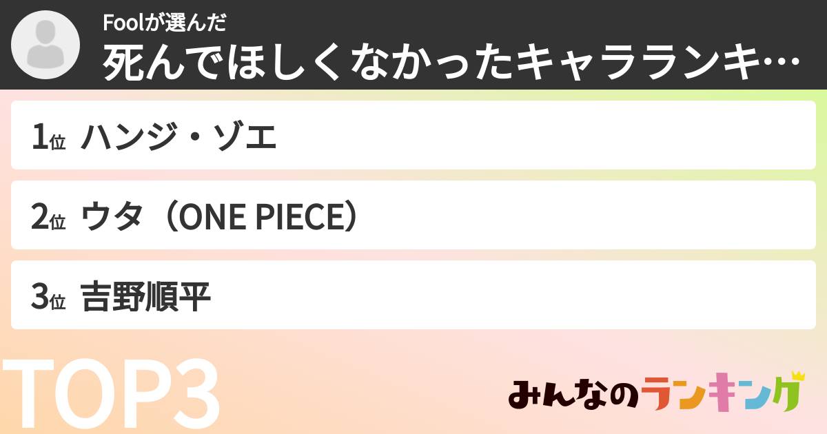 Foolさんの「死んでほしくなかったキャラランキング」