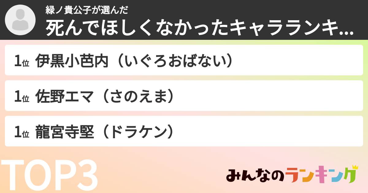 緑ノ貴公子さんの「死んでほしくなかったキャラランキング」