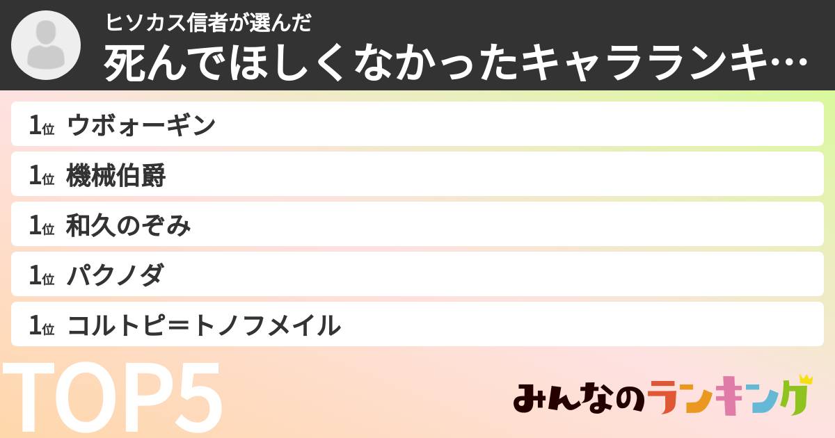 ヒソカス信者さんの「死んでほしくなかったキャラランキング」