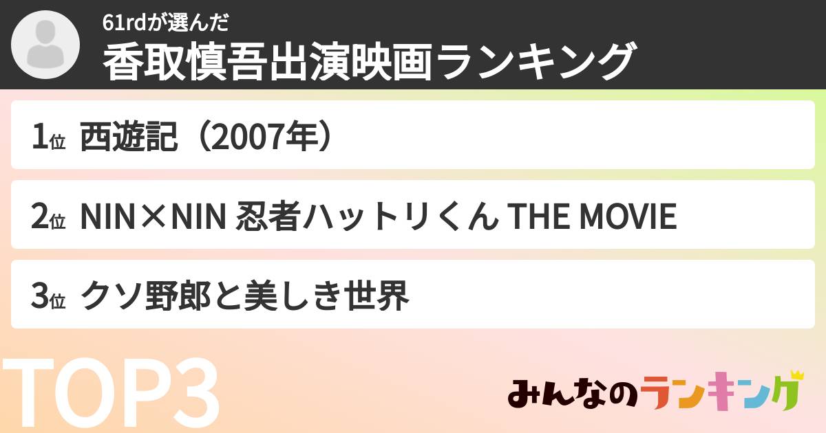 61rdさんの「香取慎吾出演映画ランキング」