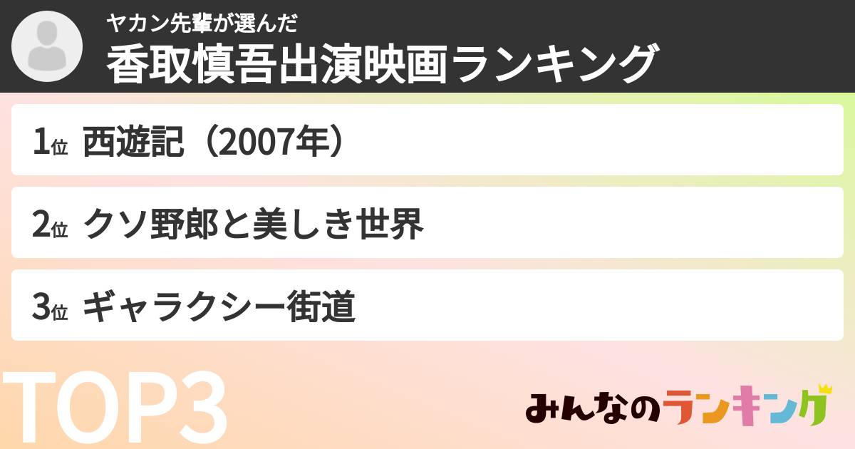 ヤカン先輩さんの「香取慎吾出演映画ランキング」