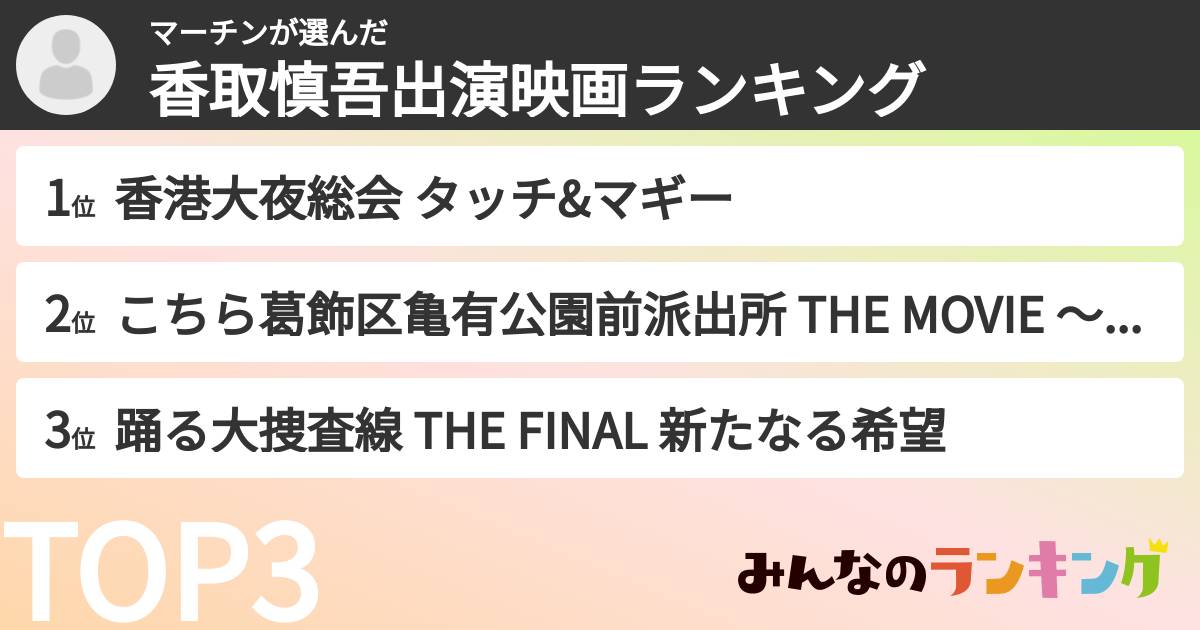 マーチンさんの「香取慎吾出演映画ランキング」
