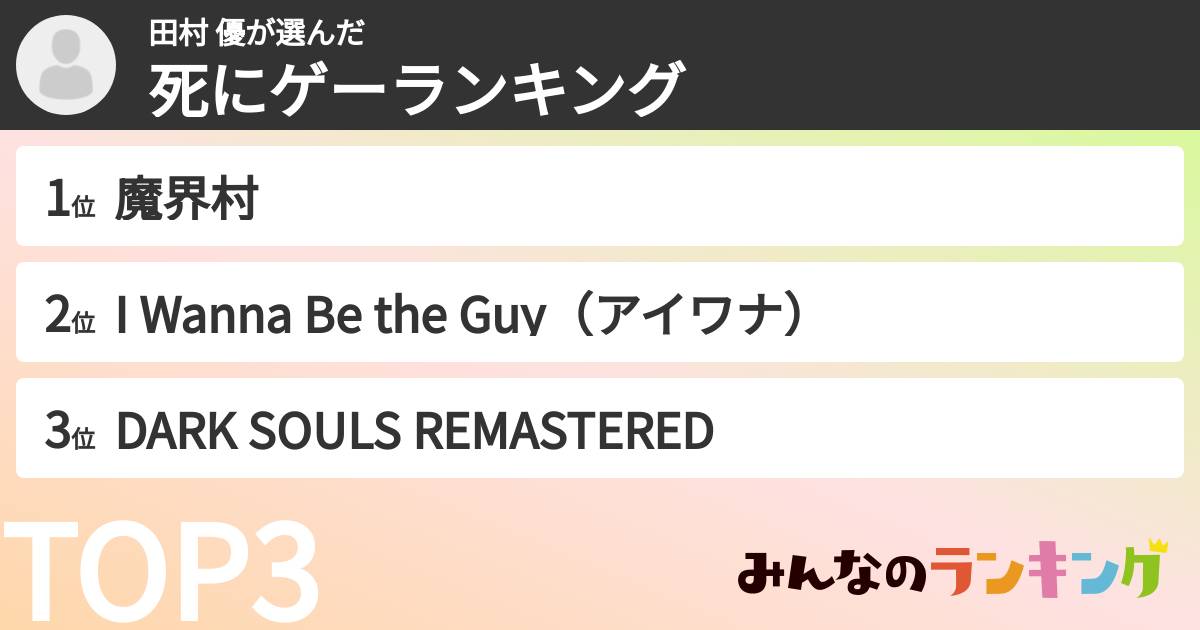 田村 優さんの「死にゲーランキング」