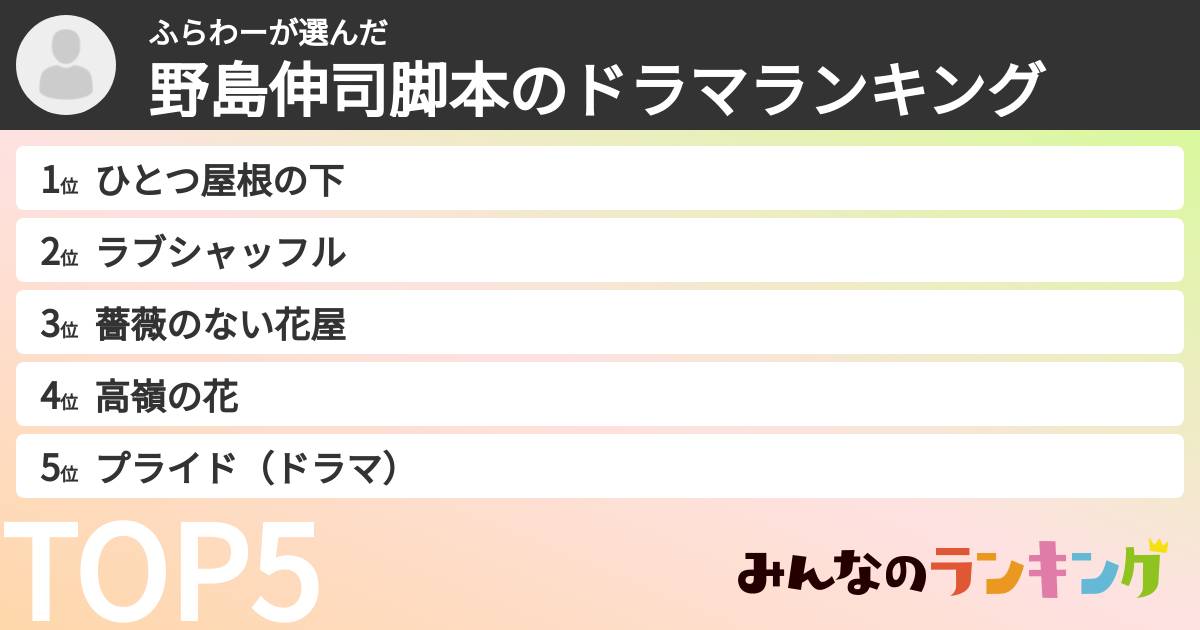 ふらわーさんの「野島伸司脚本のドラマランキング」