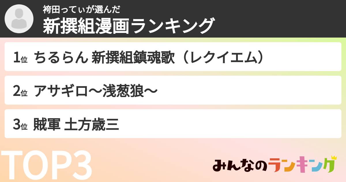 袴田ってぃさんの「新撰組漫画ランキング」