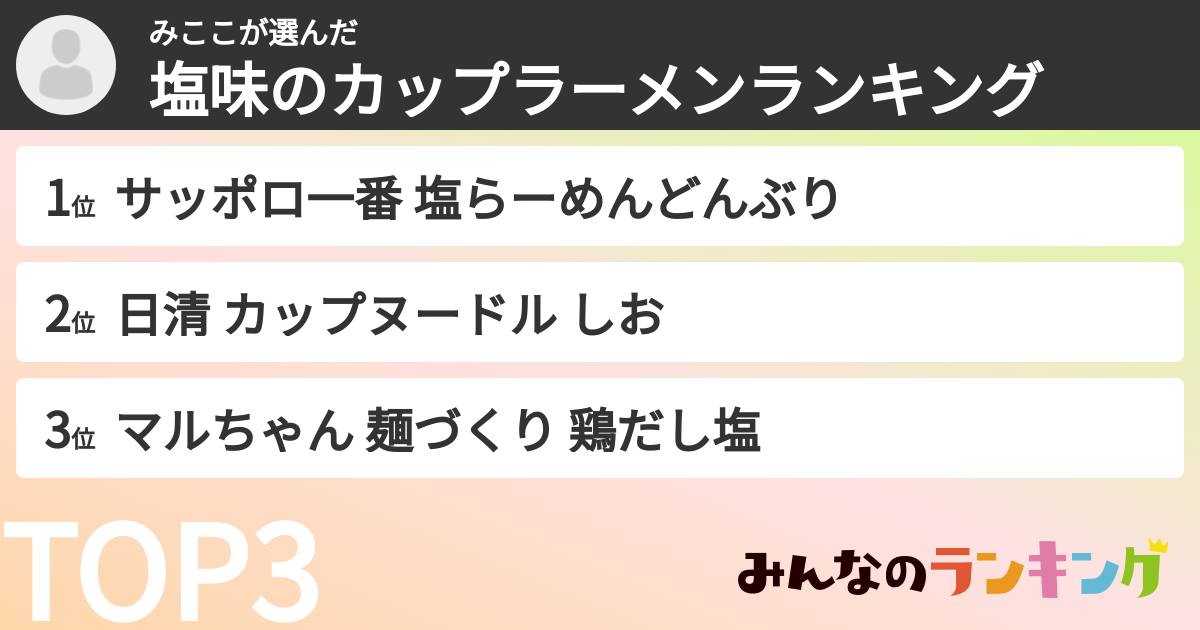 みここさんの「塩味のカップラーメンランキング」