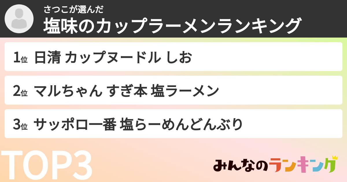 さつこさんの「塩味のカップラーメンランキング」