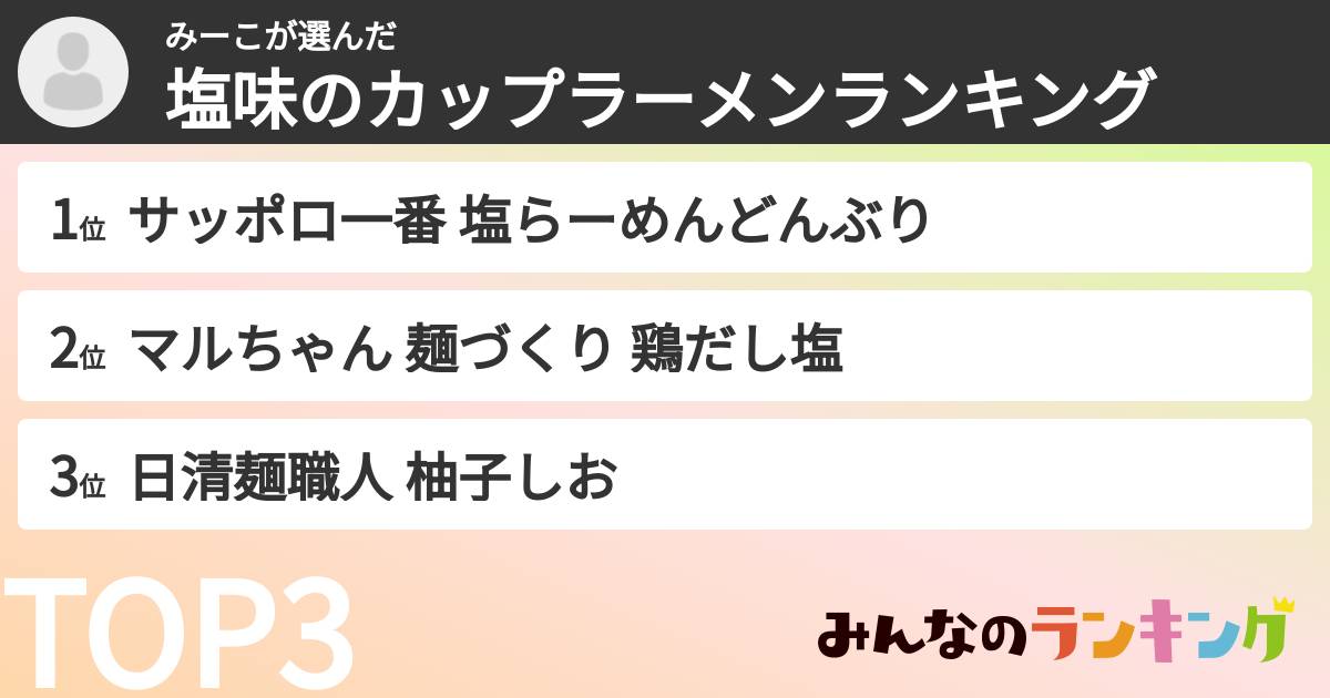 みーこさんの「塩味のカップラーメンランキング」