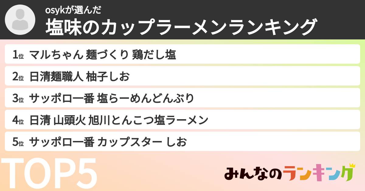 osykさんの「塩味のカップラーメンランキング」