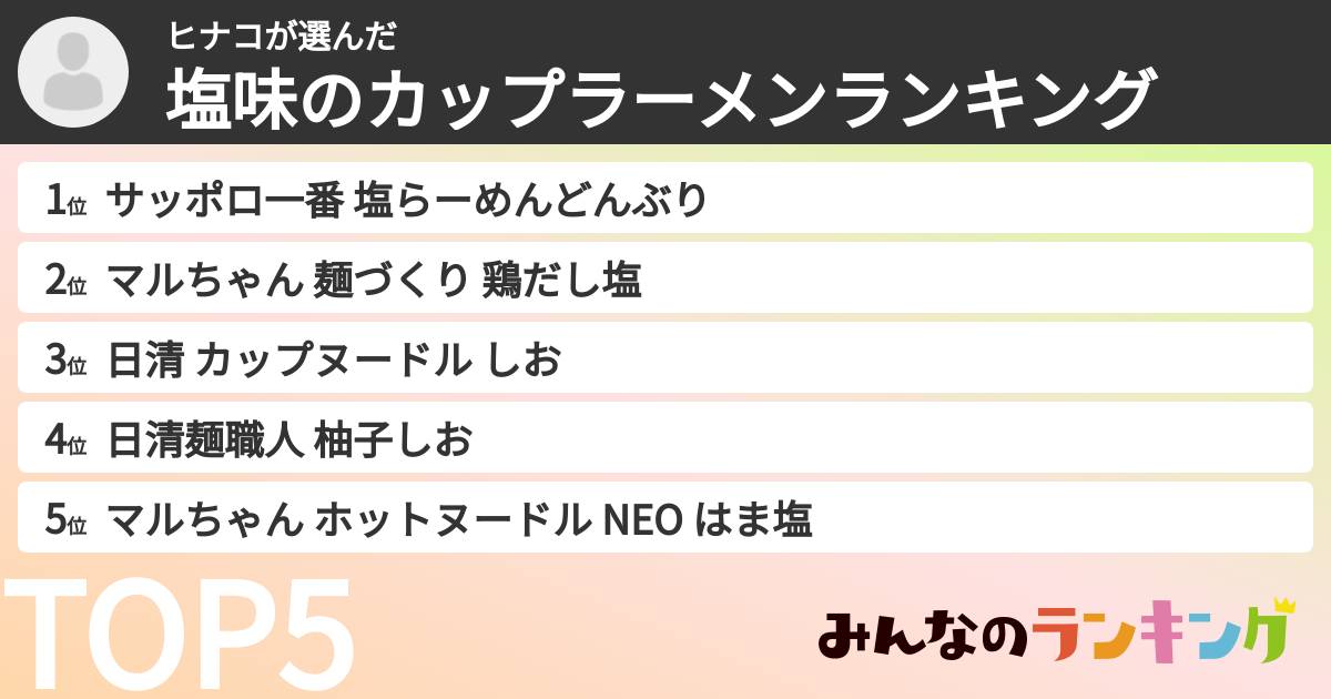 ヒナコさんの「塩味のカップラーメンランキング」