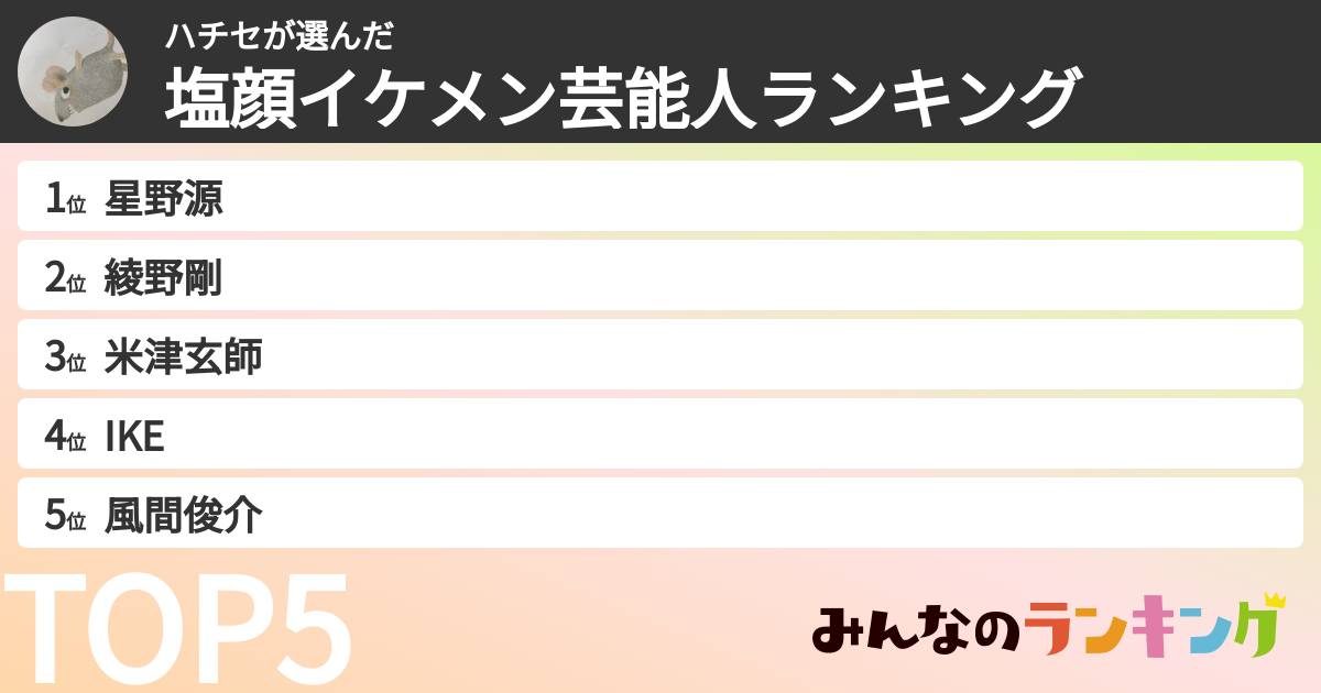 ハチセさんの「塩顔イケメン芸能人ランキング」