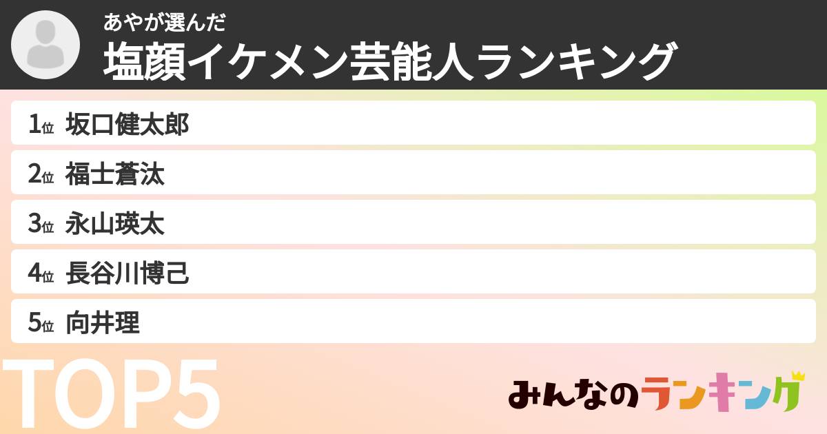 あやさんの「塩顔イケメン芸能人ランキング」
