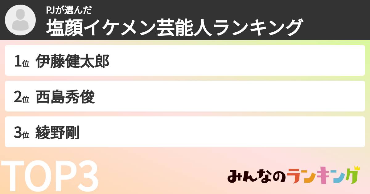 PJさんの「塩顔イケメン芸能人ランキング」