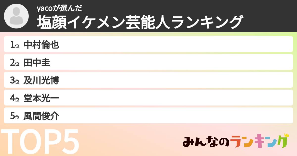 yacoさんの「塩顔イケメン芸能人ランキング」