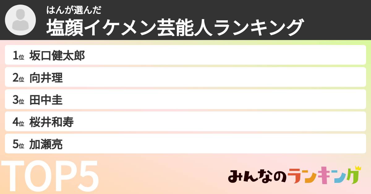 はんさんの「塩顔イケメン芸能人ランキング」