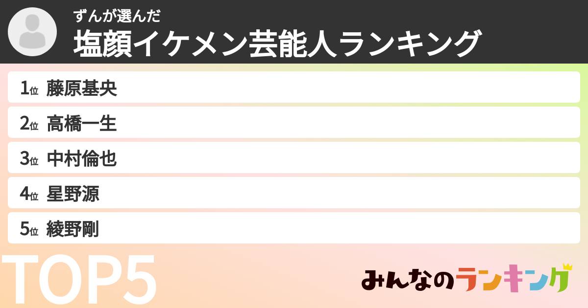 ずんさんの「塩顔イケメン芸能人ランキング」