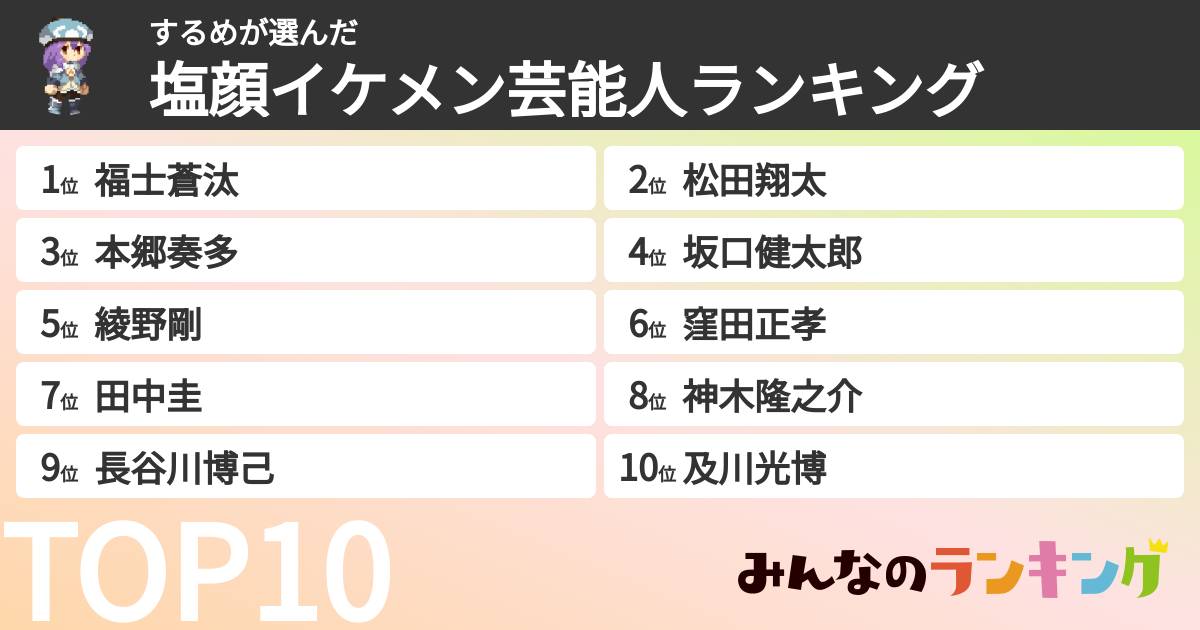するめさんの「塩顔イケメン芸能人ランキング」
