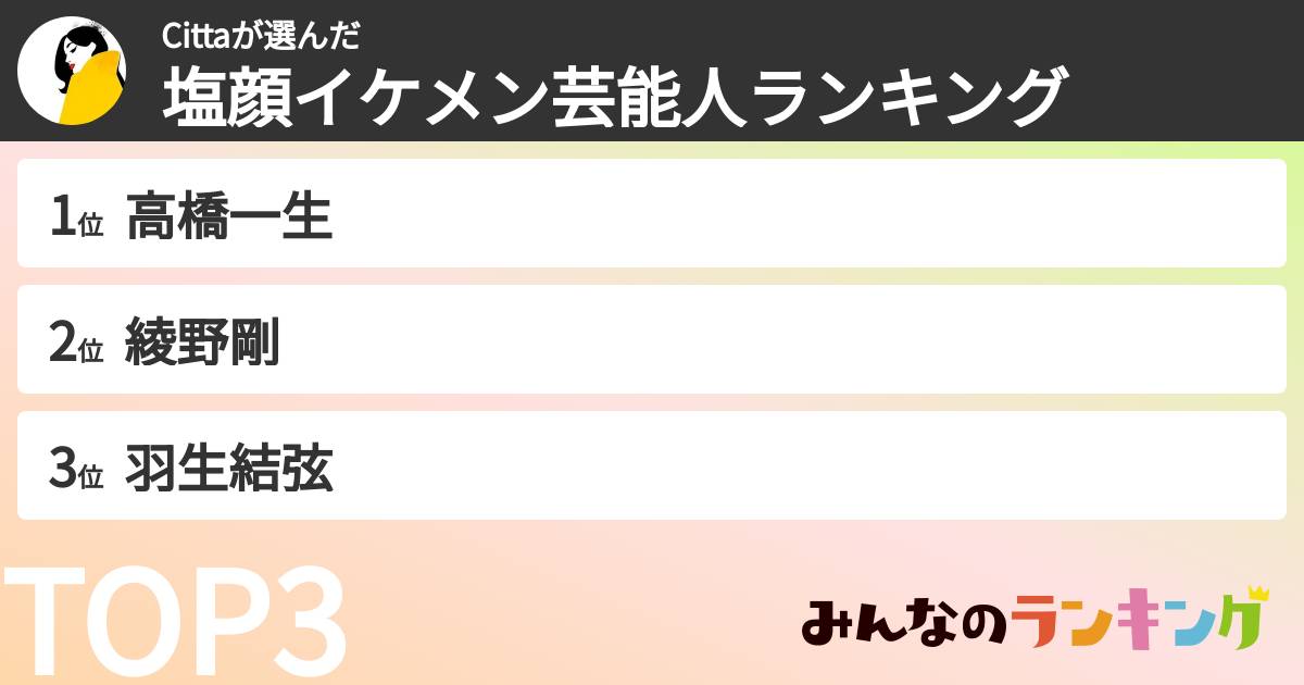 Cittaさんの「塩顔イケメン芸能人ランキング」