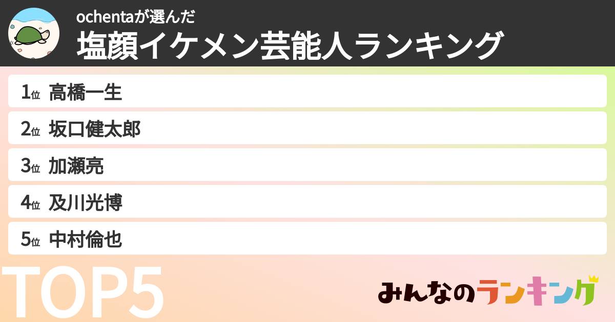 ochentaさんの「塩顔イケメン芸能人ランキング」