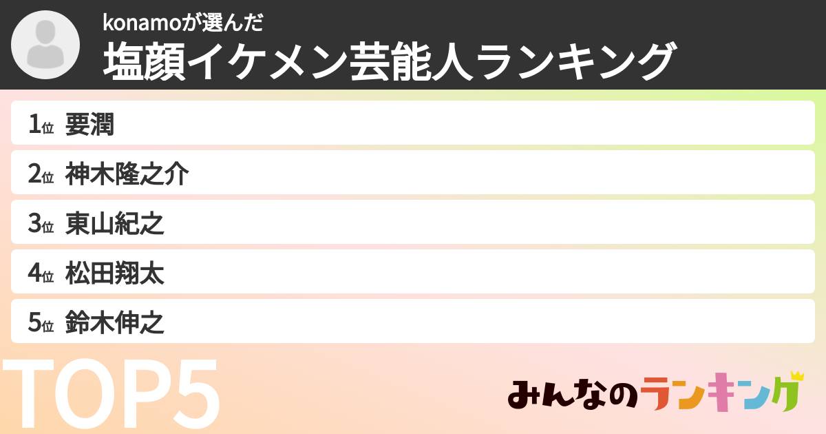 konamoさんの「塩顔イケメン芸能人ランキング」