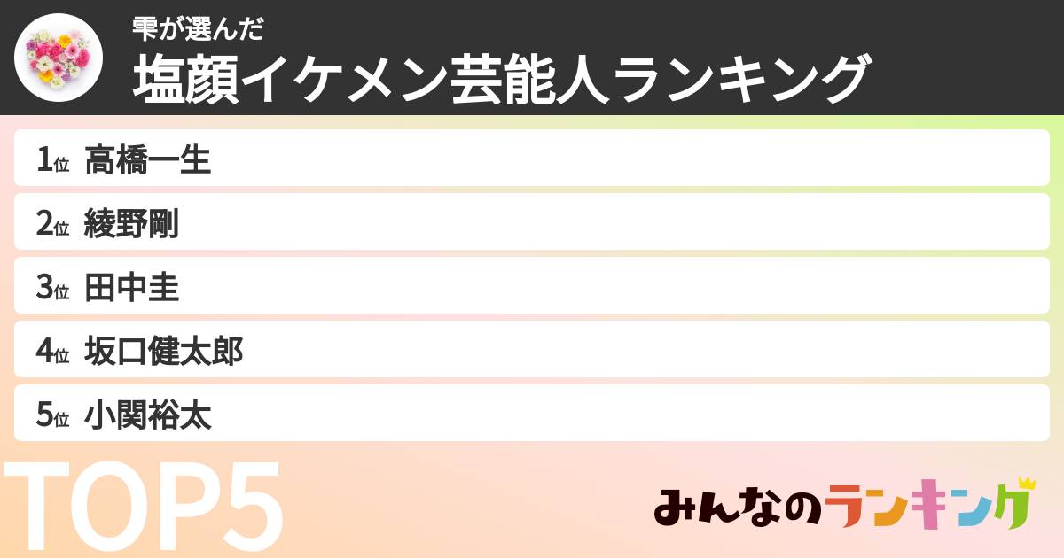 雫さんの「塩顔イケメン芸能人ランキング」
