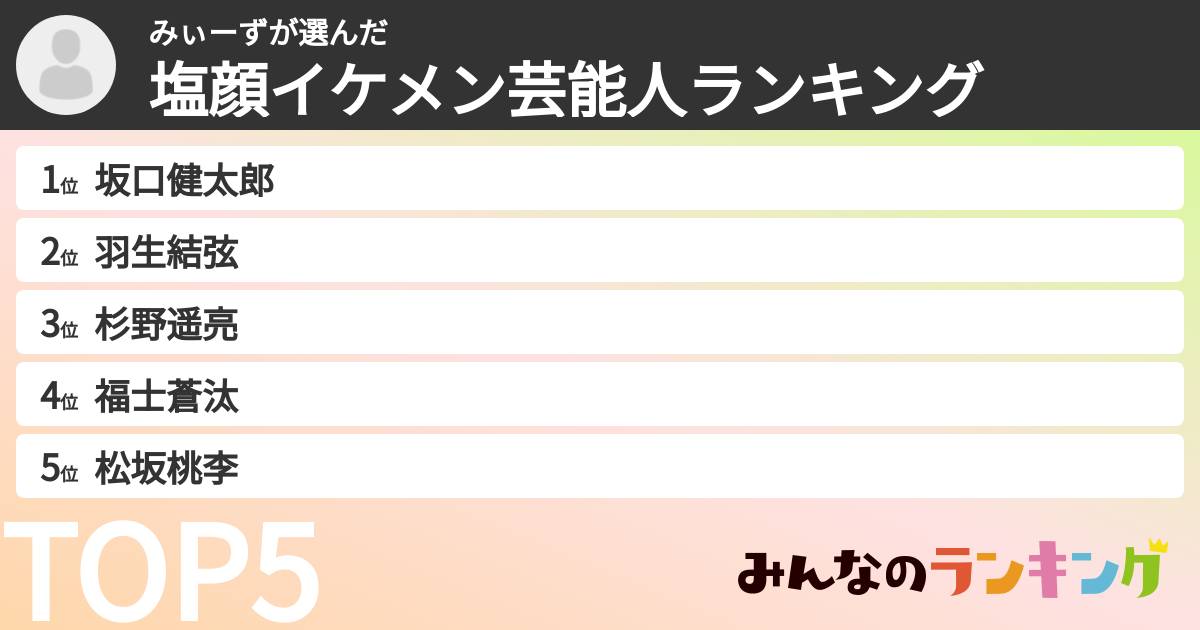 みぃーずさんの「塩顔イケメン芸能人ランキング」