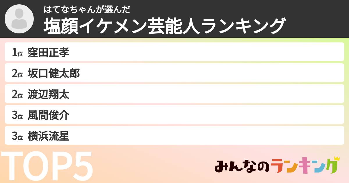 はてなちゃんさんの「塩顔イケメン芸能人ランキング」