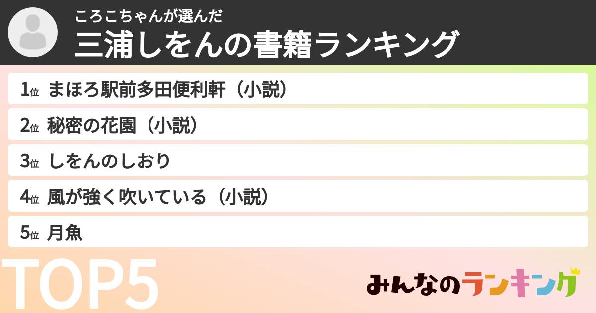 ころこちゃんさんの「三浦しをんの書籍ランキング」