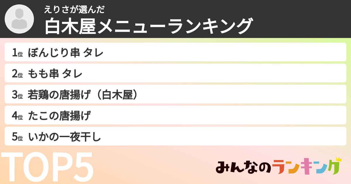 えりささんの「白木屋メニューランキング」