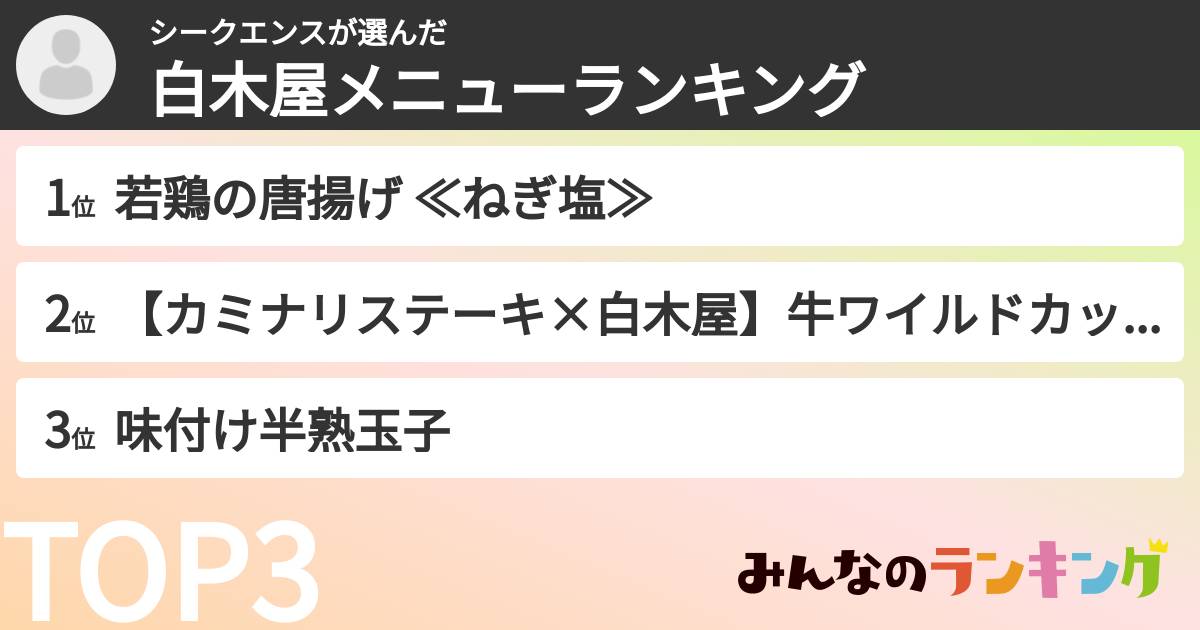 シークエンスさんの「白木屋メニューランキング」