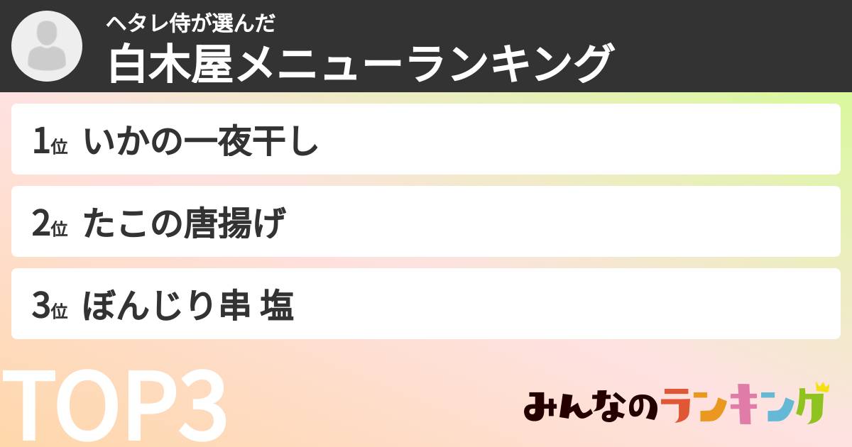 ヘタレ侍さんの「白木屋メニューランキング」