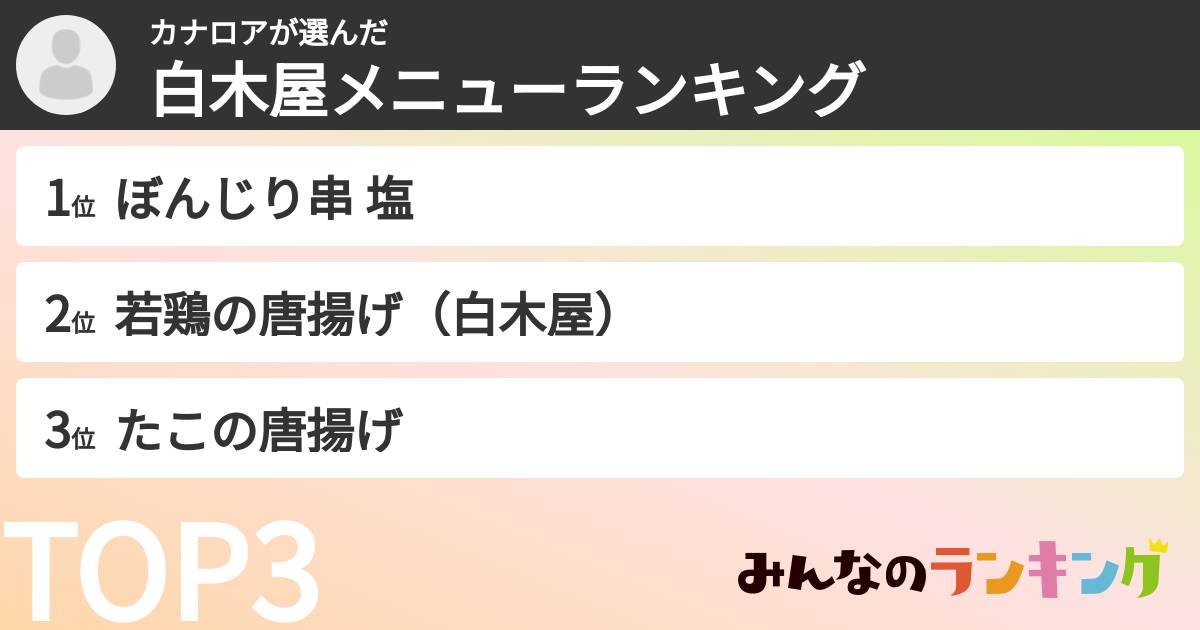 カナロアさんの「白木屋メニューランキング」