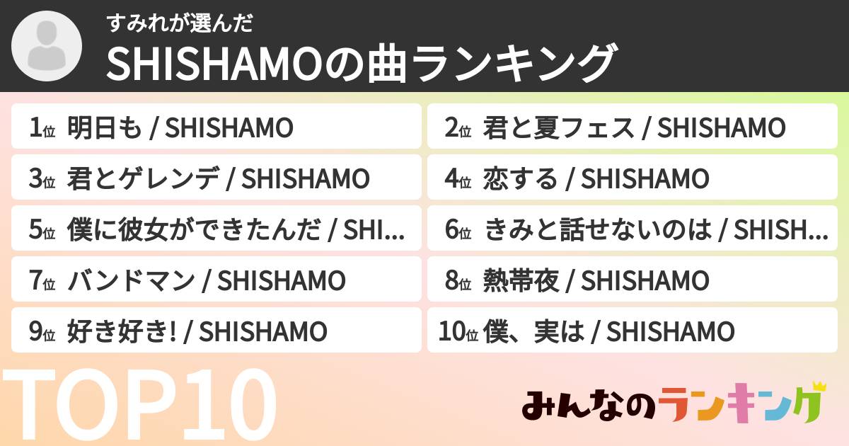 すみれさんの「SHISHAMOの曲ランキング」
